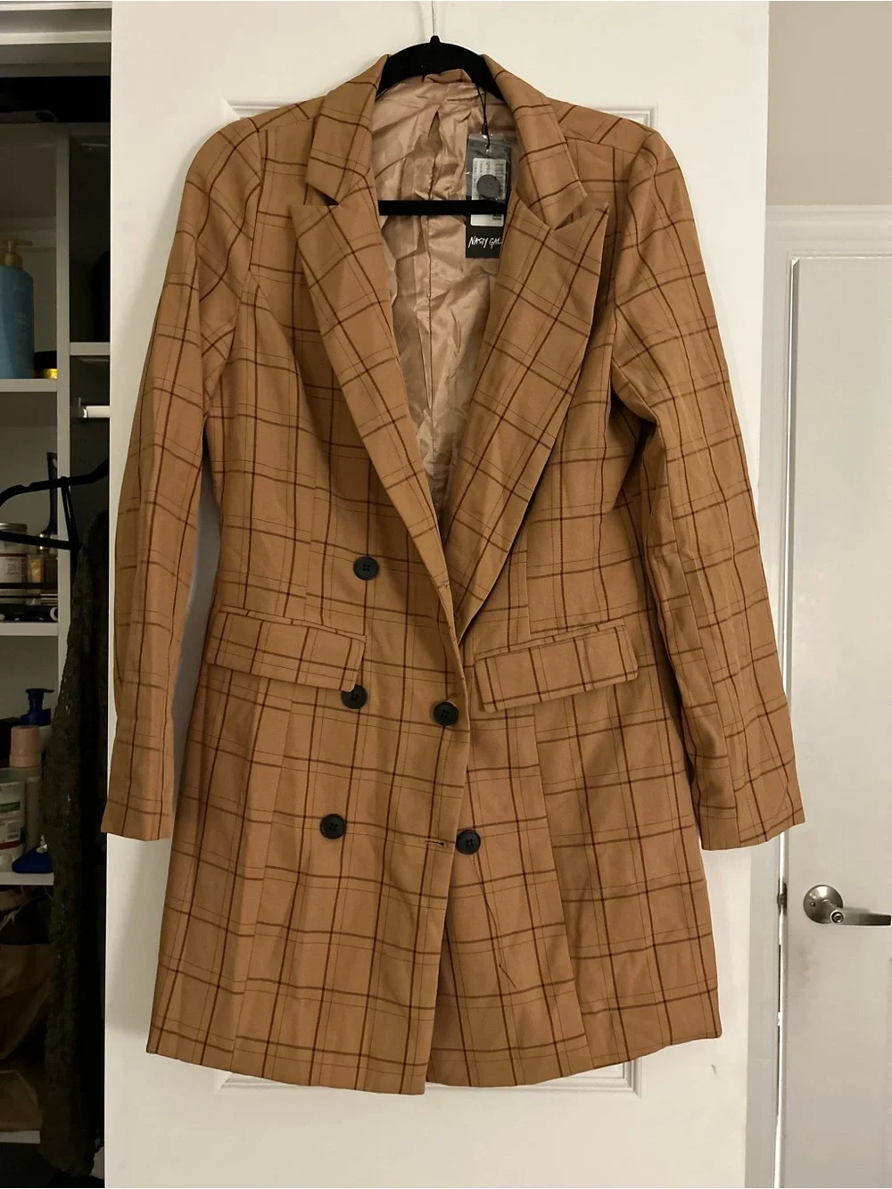 Nasty Gal Camel Plaid Double-Breasted Blazer